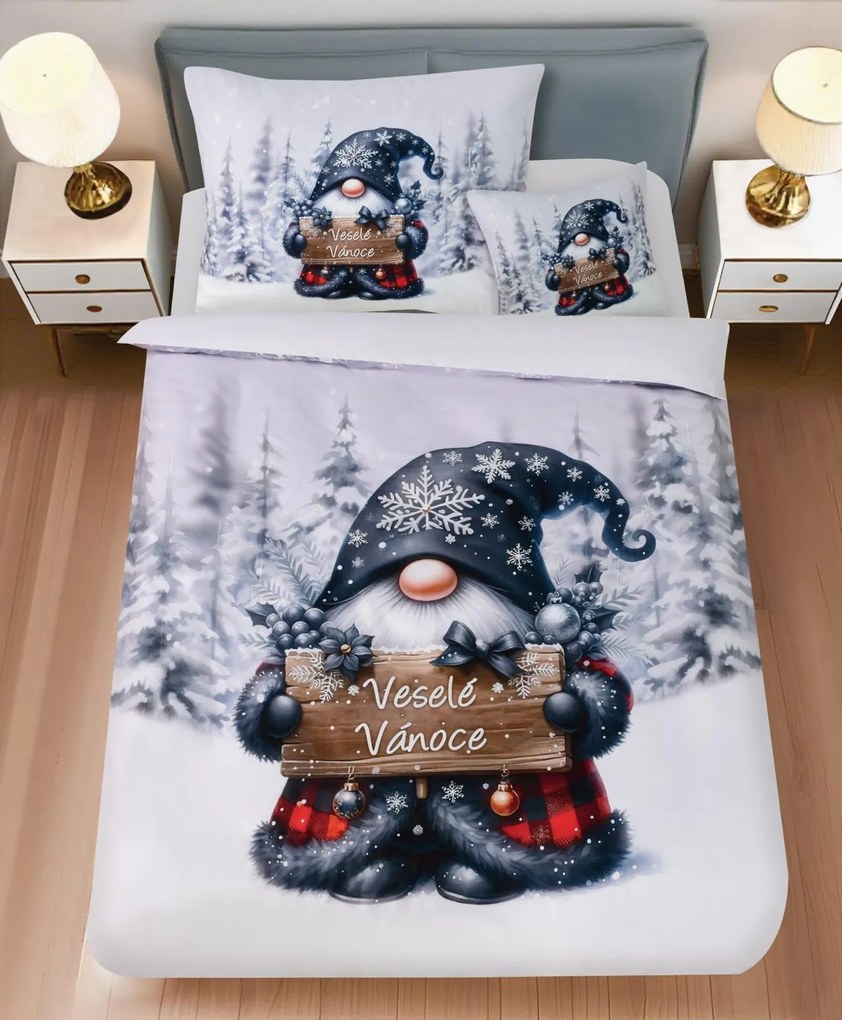 Obliečky z mikrosaténu JOLLY GNOME biele + obliečka na vankúšik 45 x 45 cm zadarmo Rozmer obliečky: 70 x 90 cm | 140 x 200 cm