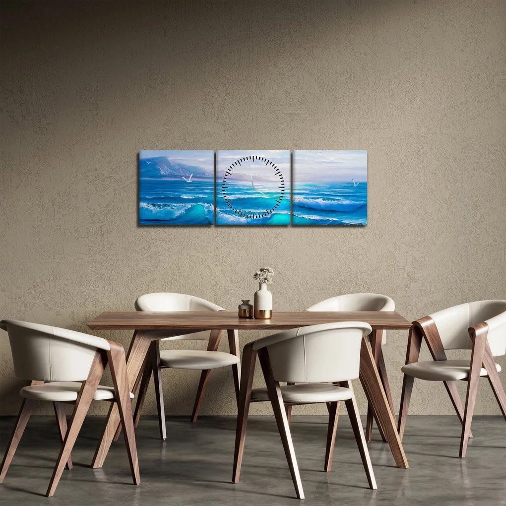 Obraz - Olejomaľba mora s čajkami (s hodinami) (90x30 cm)
