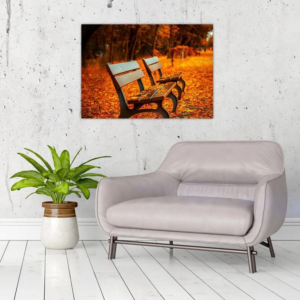 Sklenený obraz lavičky v jeseni (70x50 cm)