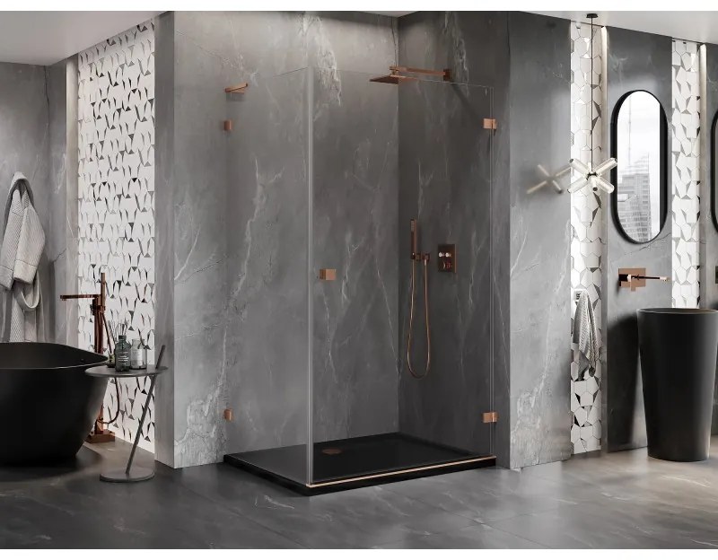 Mexen Lunar-B L pravý výklopný sprchový kút 85 x 70 cm, číre sklo, medená matná, 832L-085-070-65-00-P