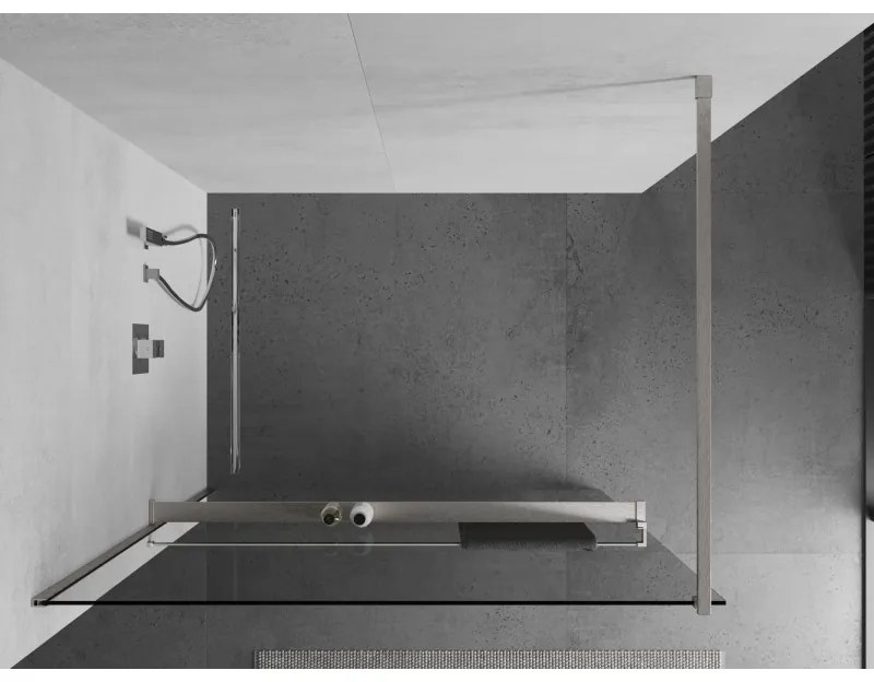 Mexen Kioto+, sprchová zástena Walk-In s poličkou a vešiakom 75 x 200 cm, 8mm číre sklo, brúsená oceľ profil, 800-075-121-97-00