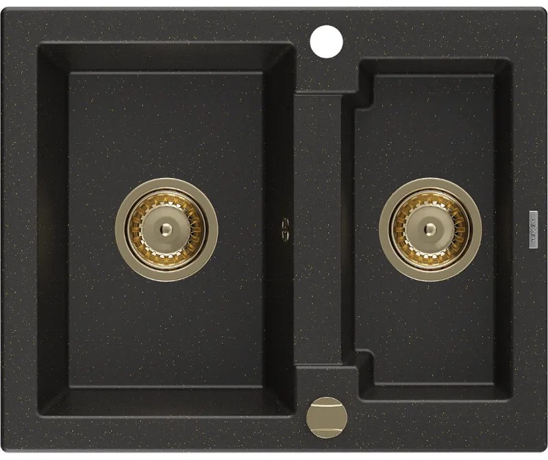 Mexen Carlos, granitový drez 582x475x177 mm, 1,5-komorový, čierna-zlatá metalíza so zlatým sifónom, 6518581500-75-G