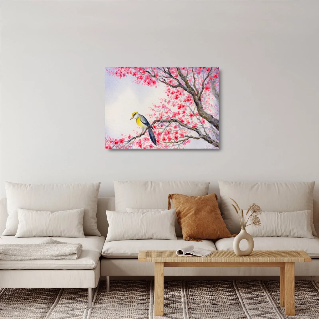 Sklenený obraz - Vtáčik na strome s červenými kvetmi (70x50 cm)