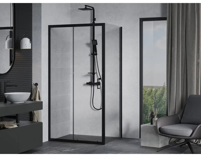 Mexen Apia, sprchový kút s posuvnými dverami 100 (dvere) x 80 (stena) cm, 6mm číre sklo, čierny profil, 840-100-080-70-00