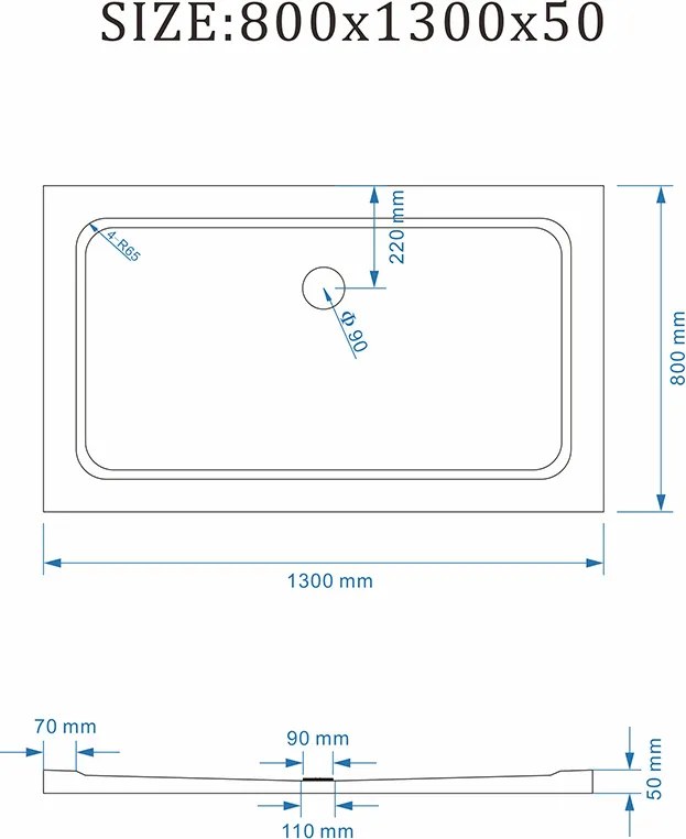 BPS-koupelny Obdĺžniková akrylátová sprchová vanička ST03D 130x80 biela