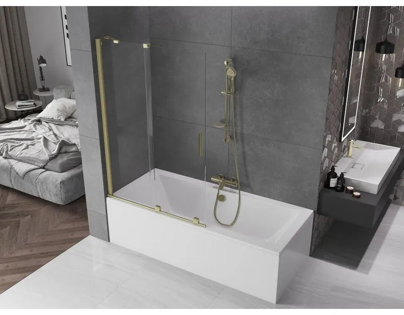 Mexen Velar, 2-krídlová posuvná vaňová zástena 110 x 150 cm, 8mm číre sklo, zlatý matný profil, 896-110-000-01-55