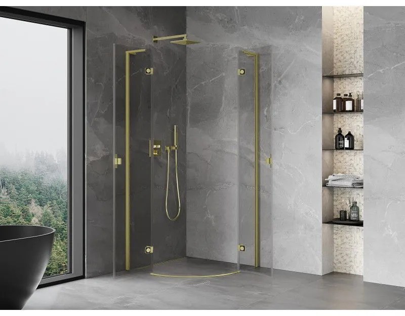 Mexen Mist L, štvrťkruhový sprchový kút s 2-krídlovými dverami, 100 x 100 cm, číre sklo, zlatý matný profil, 8A33L-100-100-55-00