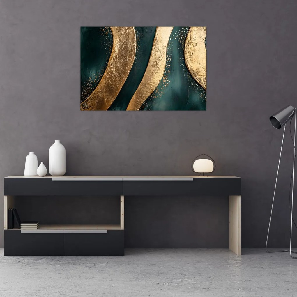 Obraz - Zelená abstrakcia so zlatom I. (90x60 cm)