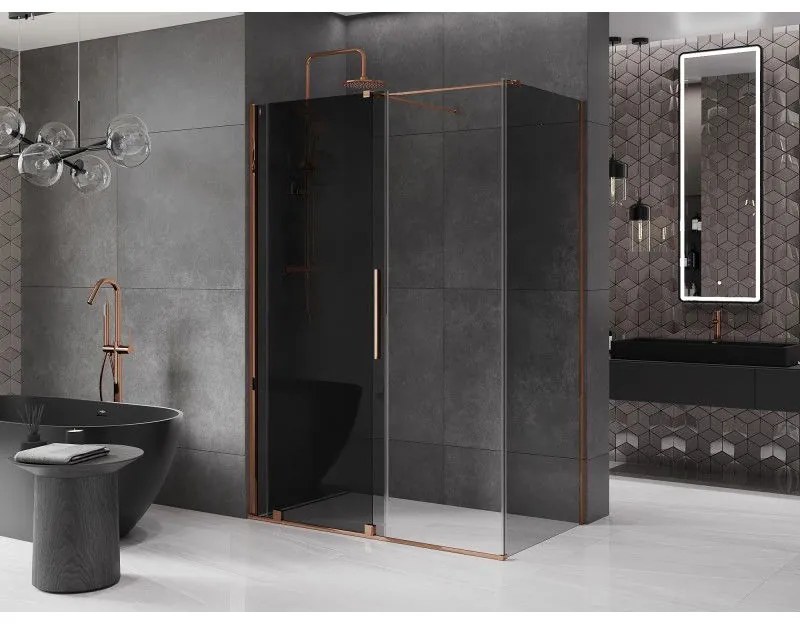 Mexen Velar, sprchový kút s posuvnými dverami 150 x 85 cm, 8mm šedé sklo, ružové zlato, 871-150-085-41-60