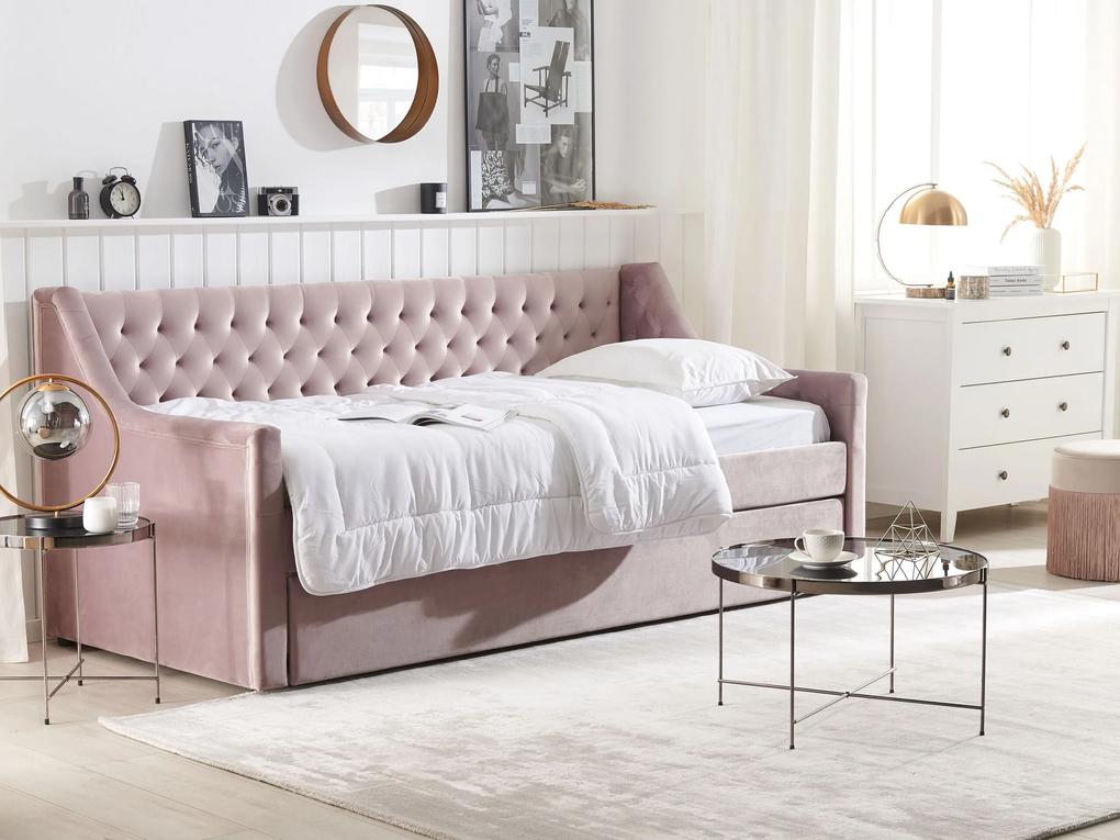 Rozkladacia zamatová posteľ 90 x 200 cm ružová MONTARGIS Beliani