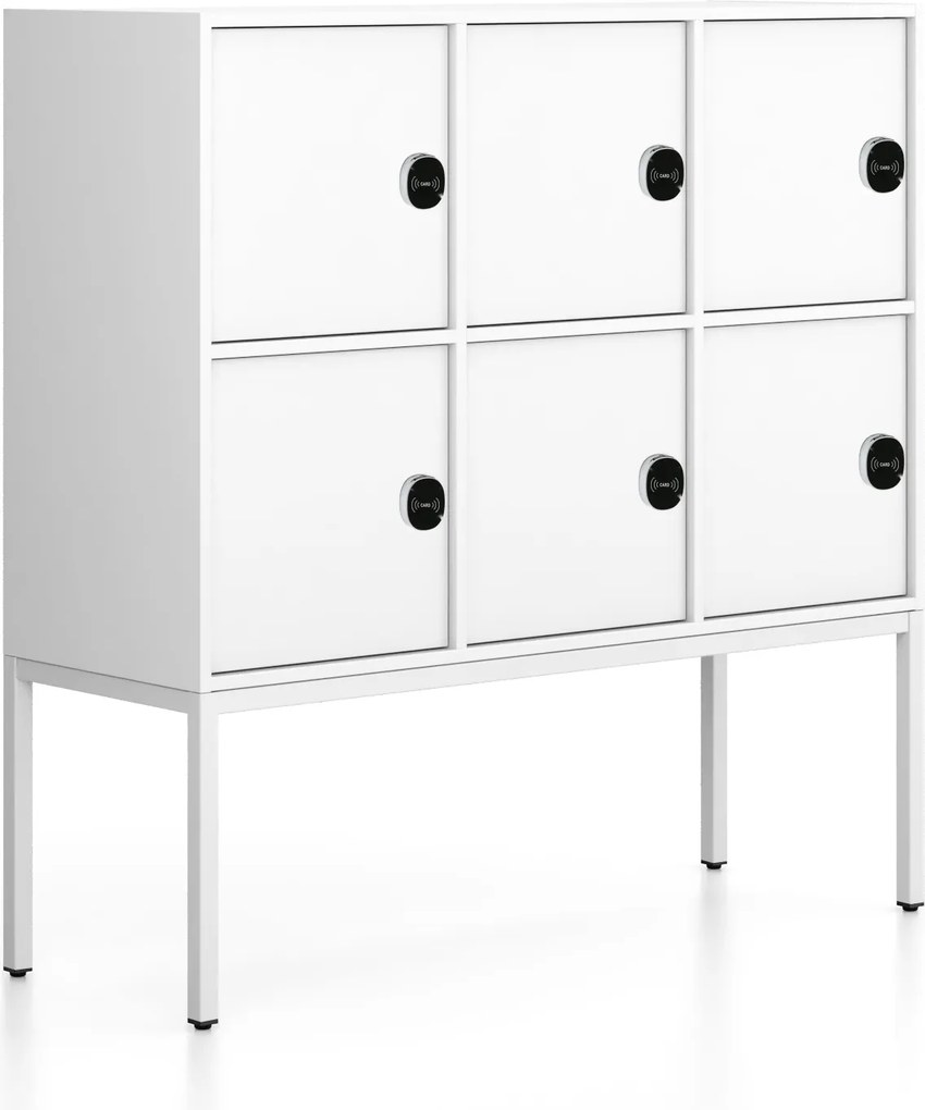 Kancelárska skriňa FRAME, nízka, biela podnož, 6x dvere, 1299 x 450 x 1331 mm, RFID zámok, biela