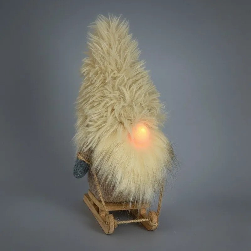 Vianočný škriatok s LED na sánkach – prírodný 21 cm