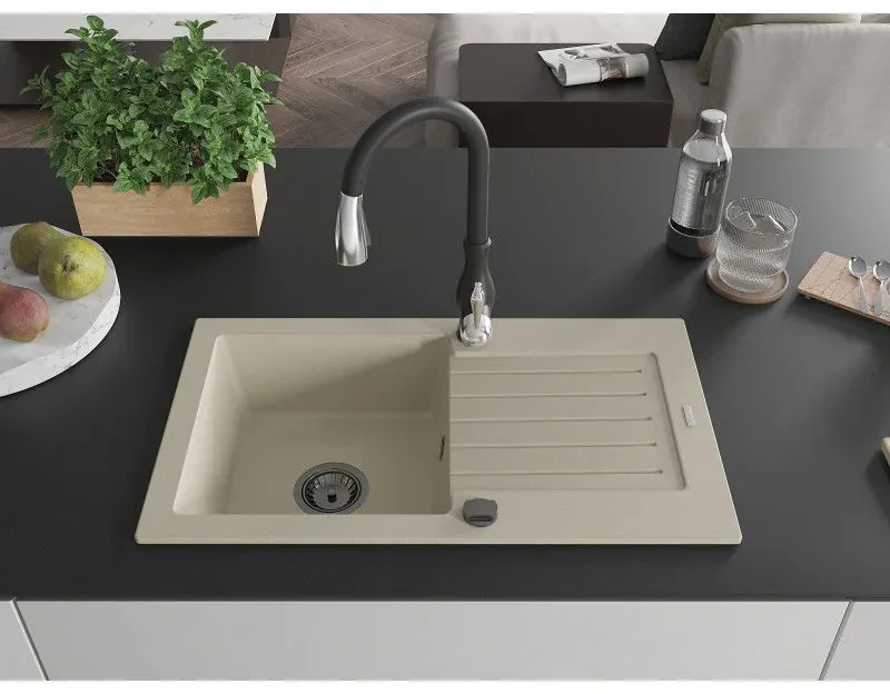 Mexen Pablo, 1-komorový granitový drez 752x436x161 mm a drezová batéria Savita, béžová, 6510-69-672601-70