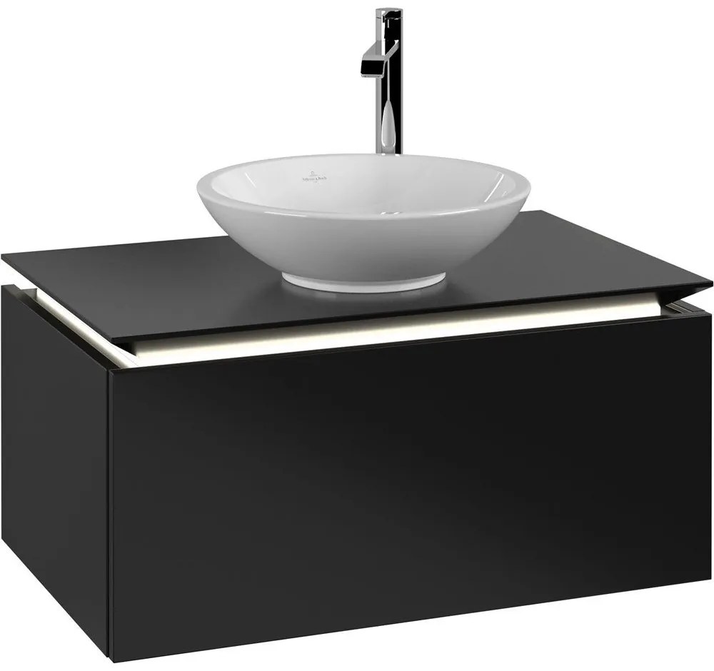 VILLEROY &amp; BOCH Legato závesná skrinka pod umývadlo na dosku (umývadlo v strede), 1 zásuvka, s LED osvetlením, 800 x 500 x 380 mm, Black Matt Lacquer, B569L0PD