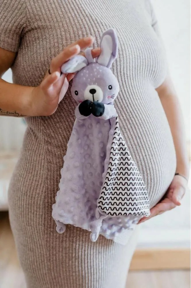 Usínačik babyted Zajačik, hryzátko, hrkálka plyš 25 x 25 cm, fialová