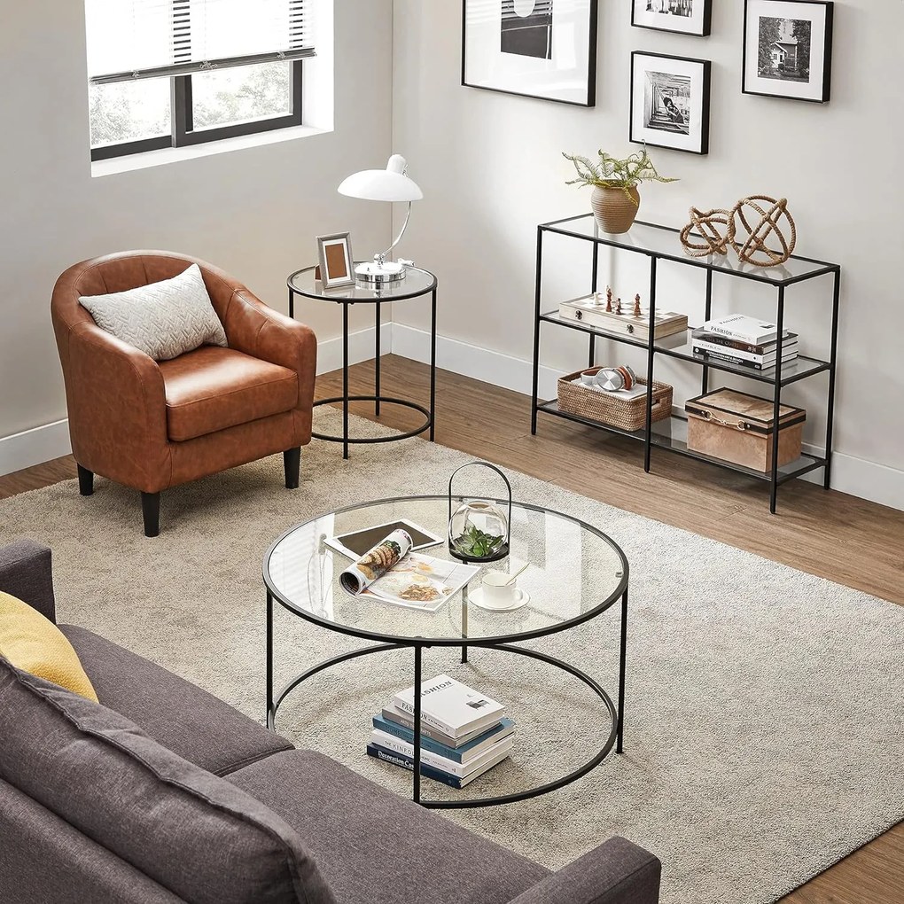 Sklenený konzolový stolík s 3 policami, oceľový rám, čierny