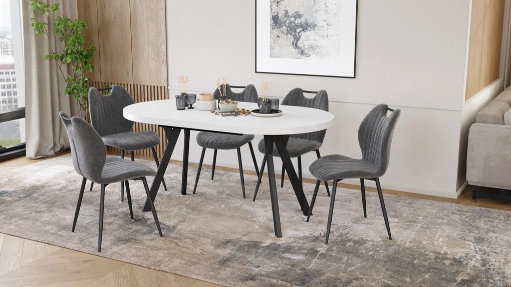 Mazzoni EXPANSO Biely mat / čierne nohy - OVÁLNY ROZKLADACÍ STÔL 160-360 cm PRE 16-18 OSÔB
