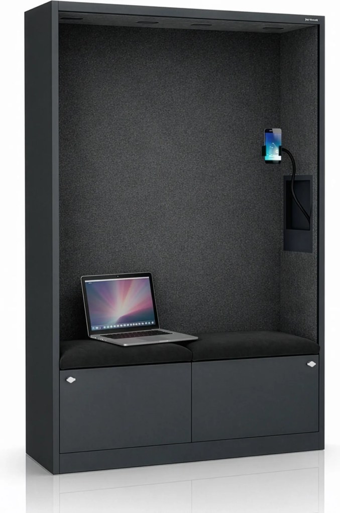 Kancelárska akustická kabína so sedadlom a portom USB-C, telo v antracitovej farbe / sedadlo v tmavosivá farbe, 1150 mm: SALLY MentalBox