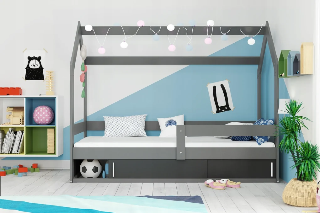 Interbeds BMS Group Domček detská posteľ Sivá 80x160 s grafitová zásuvkou