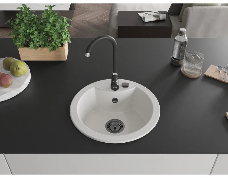 Mexen Diego, 1-komorový granitový drez 488x488x167 mm, čierny sifón, čierna matná batéria Telma, biela, 6512-20-670200-70