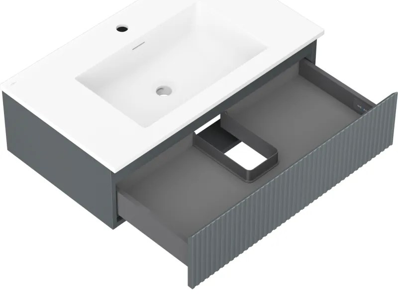 Mexen Rivel, kúpeľňová skrinka 80 cm s umývadlom Otis, 1 zásuvka, drážkovaná, grafitová matná/biela matná, 91A20-08023-1-BF66-W18M01