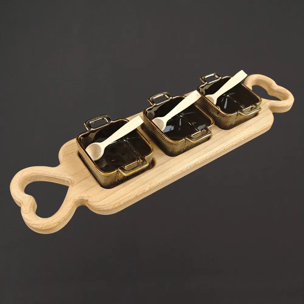 AMADEA 46240 Podnos 3 keramické misky a drev. lyžičky 43cm drev. dekorácie