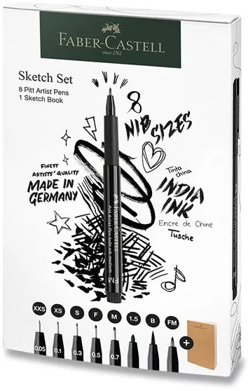 Popisovače a skicár Faber-Castell Pitt Artist Pen - súprava 8+1 ks, rôzne hroty, čierny