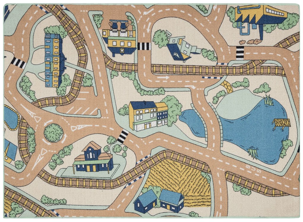 Protišmykový detský koberec REBEL ROADS 32 Mestečko, béžovo - zelený