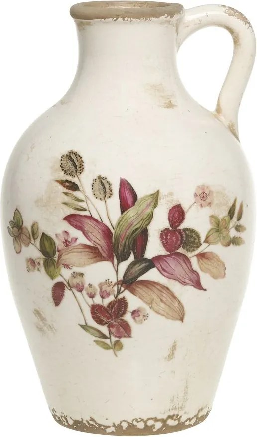 Béžová antik keramická váza s kvetmi a uškom Florac - Ø 16*26 cm