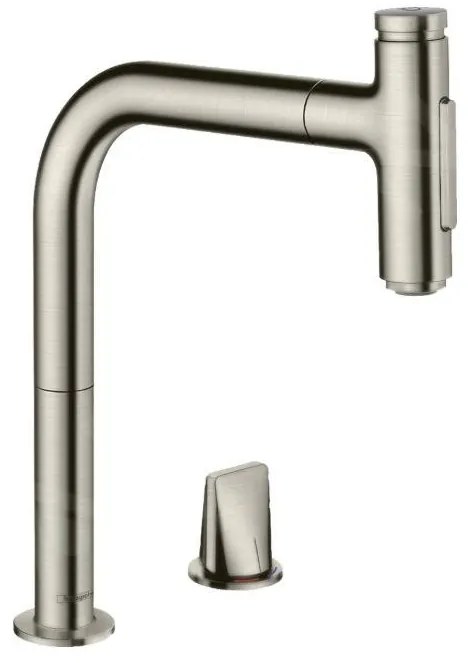 Hansgrohe M71, drezová batéria M7120-H200 s výsuvnou spŕškou, 2-otvorová inštalácia, sBOX, vzhľad nehrdzavejúcej ocele, HAN-73818800