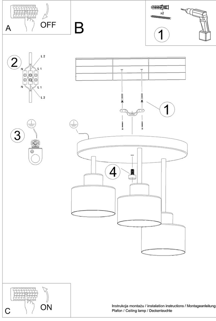 Stropné svietidlo Savar, 3x čierne kovové tienidlo