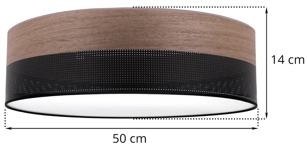 Stropné svietidlo Wood, 1x hnedá orechová dýha/čierne PVC tienidlo, (biele plexisklo), (fi 50cm)