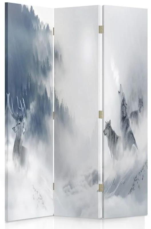 Ozdobný paraván Vlčí mlžný les - 110x170 cm, trojdielny, klasický paraván