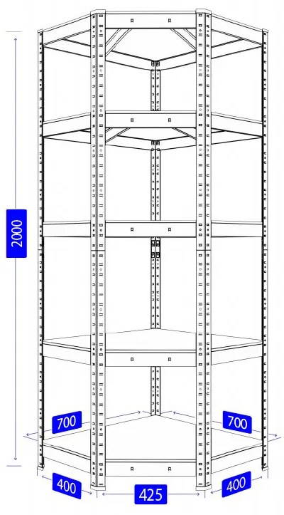 Fistar Rohový regál 2000x700x400x425 mm lakovaný 5-policový, nosnosť 750 kg - ČIERNY