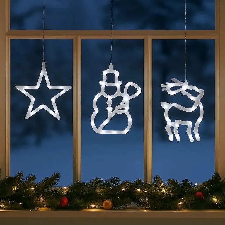 Nexos 32549 Vianočné dekorácie na okno - hviezda, snehuliak, sob - studená biela