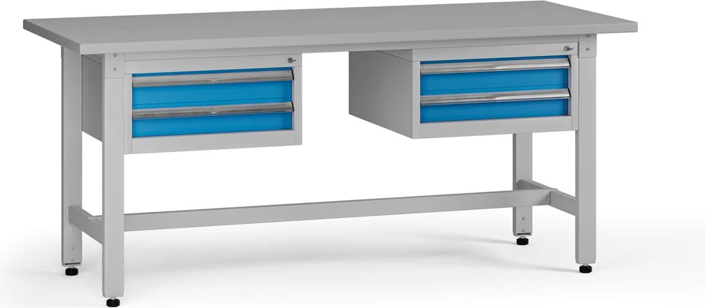 Výškovo nastaviteľný dielenský stôl G5, 1800 x 750 x 800-1000 mm, 2x kontajner, 4 zásuvky, modrá