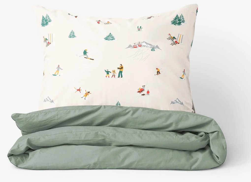 Goldea vianočné bavlnené posteľné obliečky duo - zimné radovánky so šalviovo zelenou 200 x 200 a 2ks 70 x 90 cm