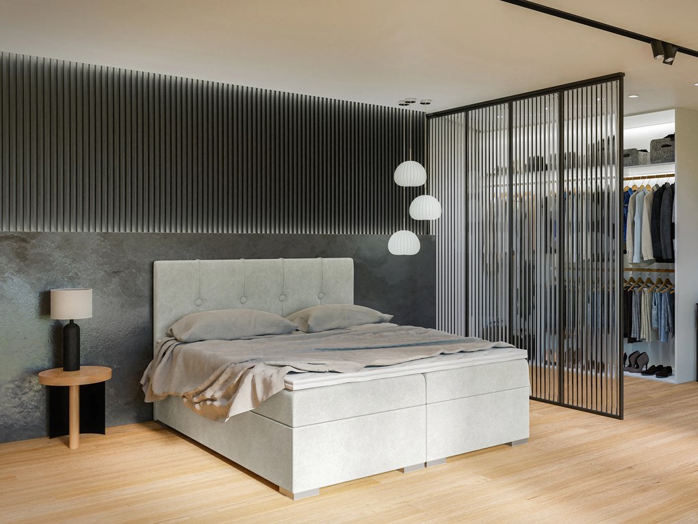 Manželská posteľ Boxspring 160 cm Ruffy (svetlosivá) (s matracom a úl. priestorom). Akcia -20%. Vlastná spoľahlivá doprava až k Vám domov. 1043447