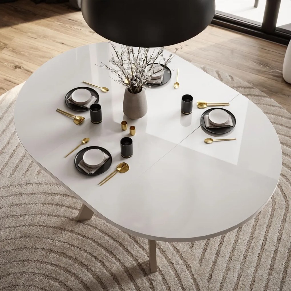 OKRÚHLY ROZKLADACÍ JEDÁLENSKÝ STÔL EWALD BIELY LESK + KAŠMÍR NOHY 100/140 cm