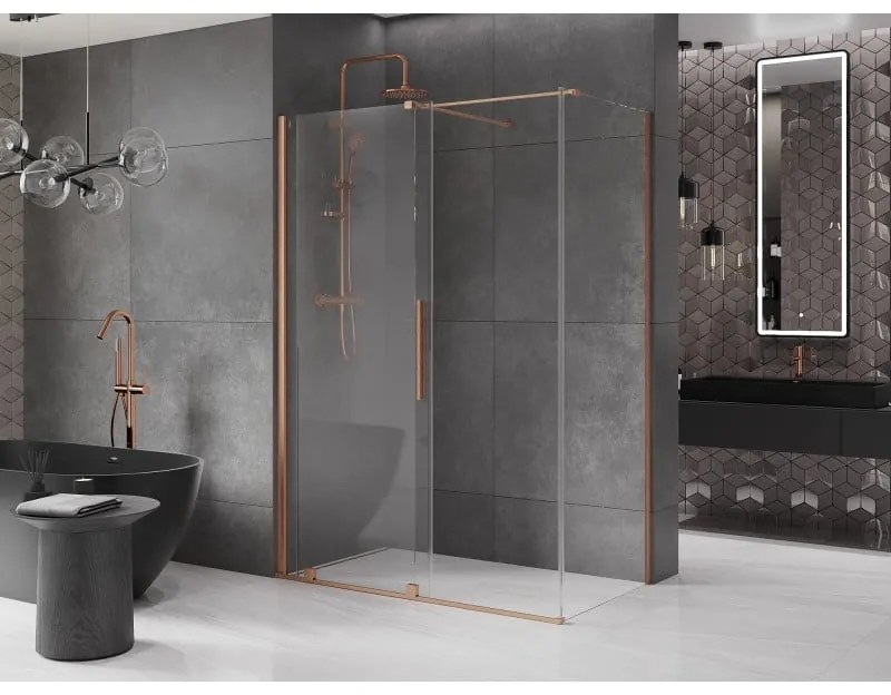 Mexen Velar, sprchový kút s posuvnými dverami 160(dvere) x 90(stena) cm, 8mm číre sklo, medená matná, 871-160-090-01-65