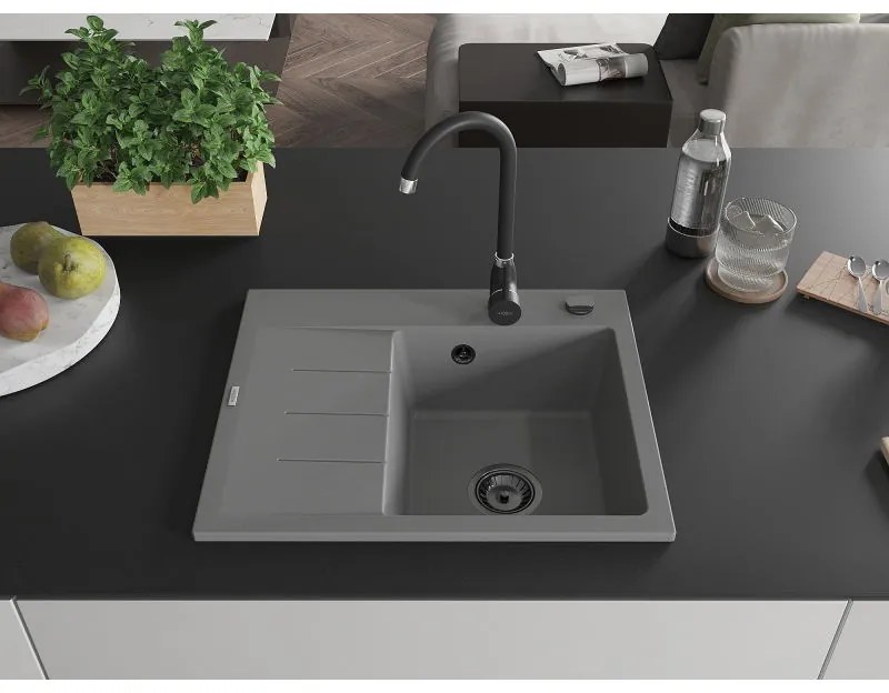 Mexen Ben, 1-komorový granitový drez 600x500x190 mm, pravý + čierny sifón, šedá, 6523605000-71-B