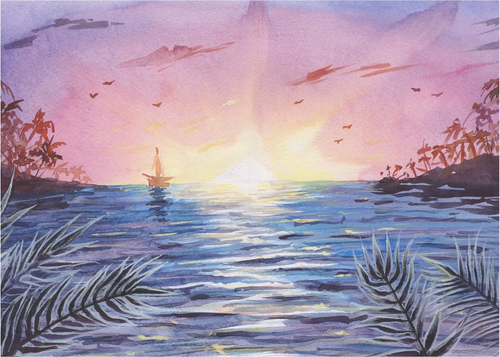 Obrázok - Západ slnka nad vodou, aquarel (70x50 cm)