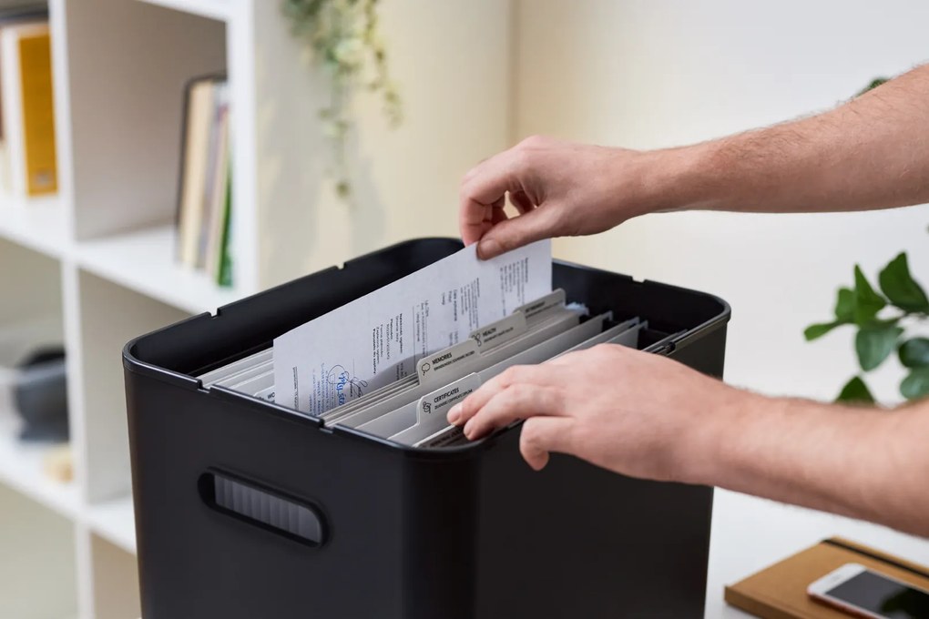 Úložný box na dokumenty na archiváciu + 10 závesných zakladačov, myPAPER BOX – čierny