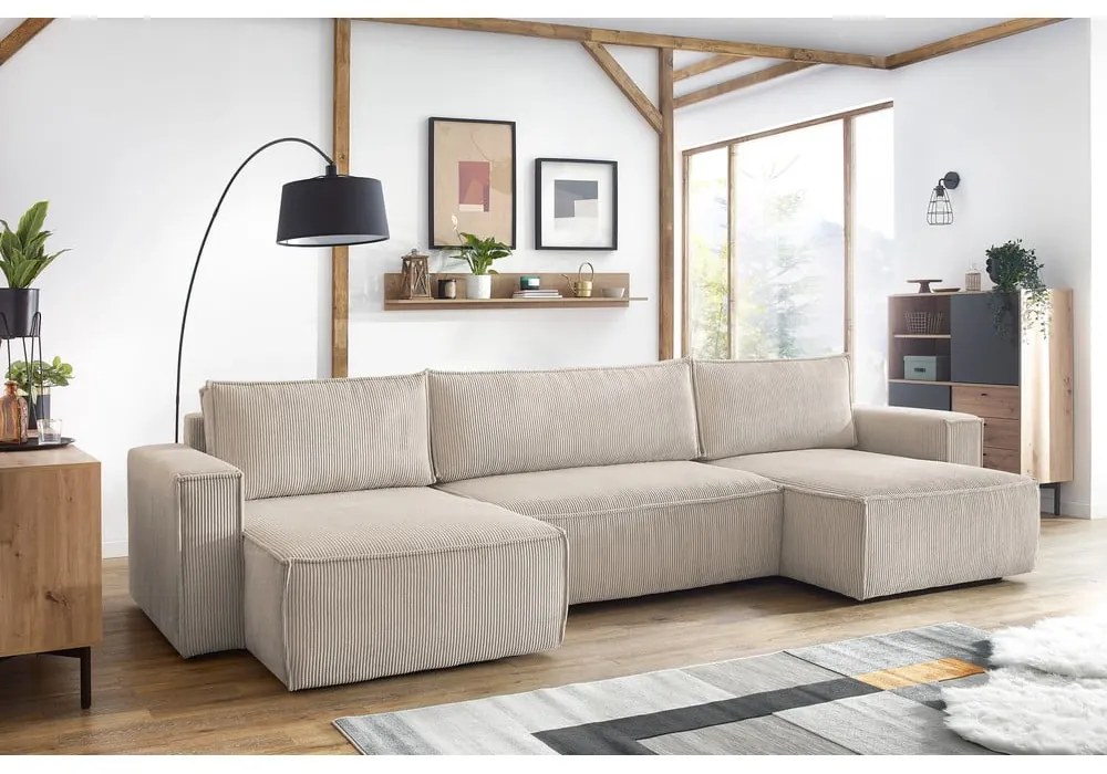 Béžová menčestrová rozkladacia rohová pohovka do "U" Nihad – Bobochic Paris