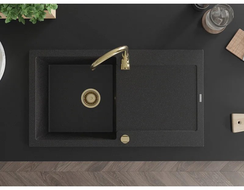 Mexen Leo, drez granitový 900x500x190 mm, 1-komorový a zlatá batéria Telma, čierna-strieborná metalíza, 6501-73-670200-50