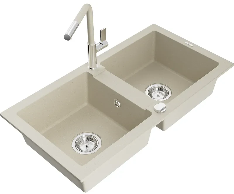 Mexen Mario, 2-komorový granitový drez 820x436x161 mm a drezová batéria Flora, béžová, 6504-69-670401-09