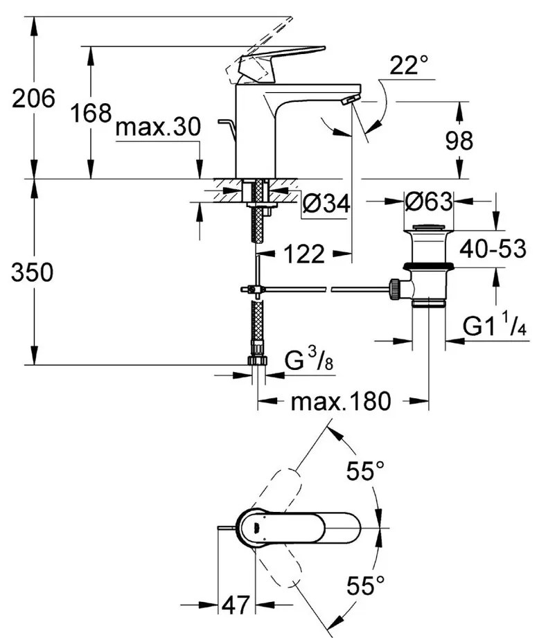 GROHE Eurosmart Cosmopolitan - Páková umývadlová batéria s odtokovou garnitúrou, veľkosť M, chróm 23325000