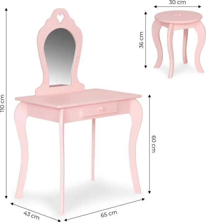 Veľký drevený detský toaletný stolík so zrkadlom pre dievčatá ružový