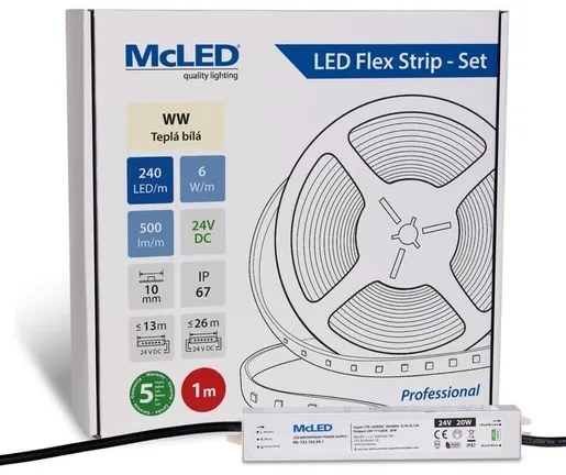 McLED LED páska - sada 1 m, 240 LED/m, WW, 6 W/m, DC 24V, 500 lm/m, CRI90, IP67, 10 mm, vodič 3 m ML-126.034.90.S01001