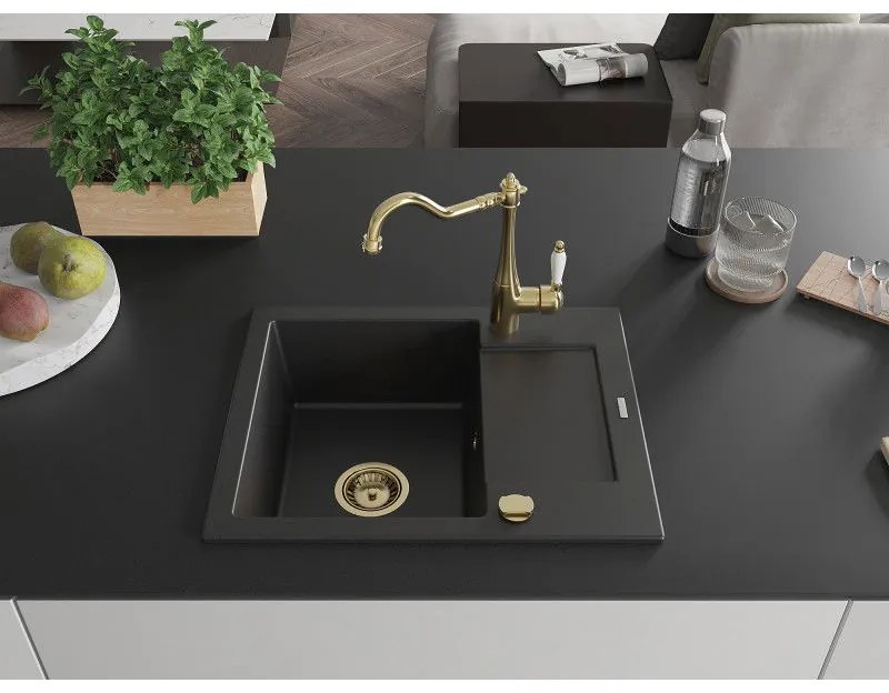 Mexen Enzo, granitový drez 576x465x174 mm, 1-komorový a drezová batéria Carla, čierna, 6506-77-670700-50